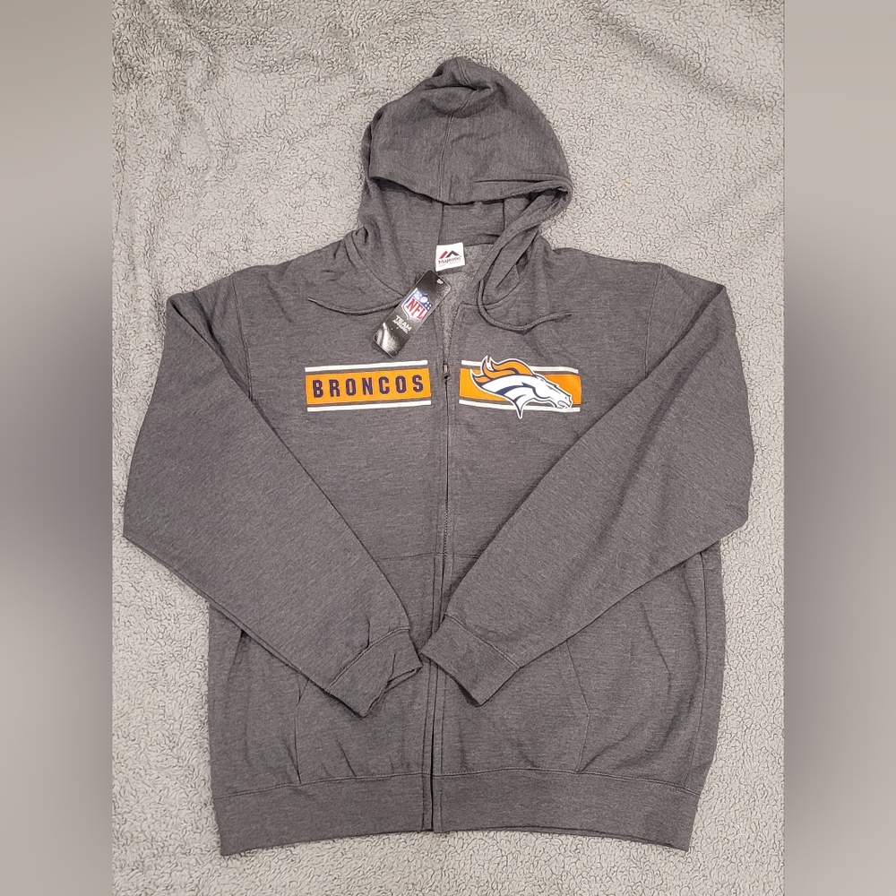 Majestic NFL Apparel, Denver Broncos Full Zip Hoodie Sweathshirt, NWT, Size XL